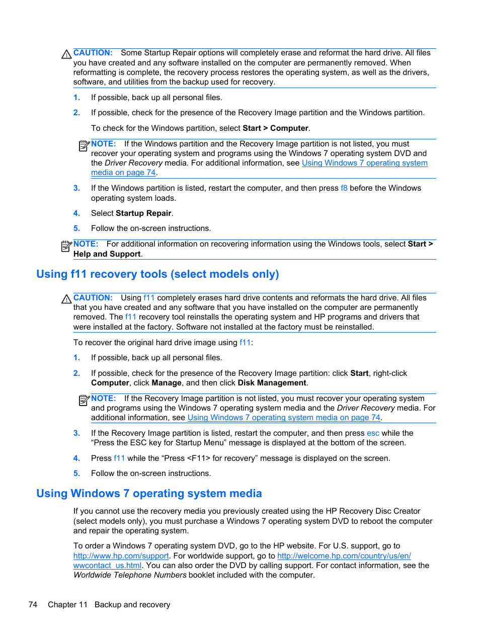 Using f11 recovery tools (select models only), Using windows 7 operating system media | HP ZBook 17 Mobile Workstation User Manual | Page 84 / 107