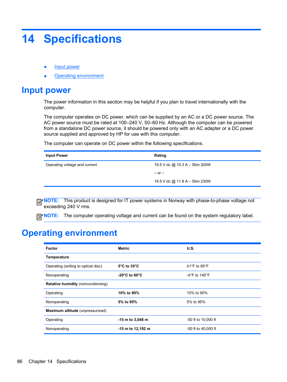 Specifications, Input power, Operating environment | 14 specifications, Input power operating environment | HP ZBook 17 Mobile Workstation User Manual | Page 96 / 107