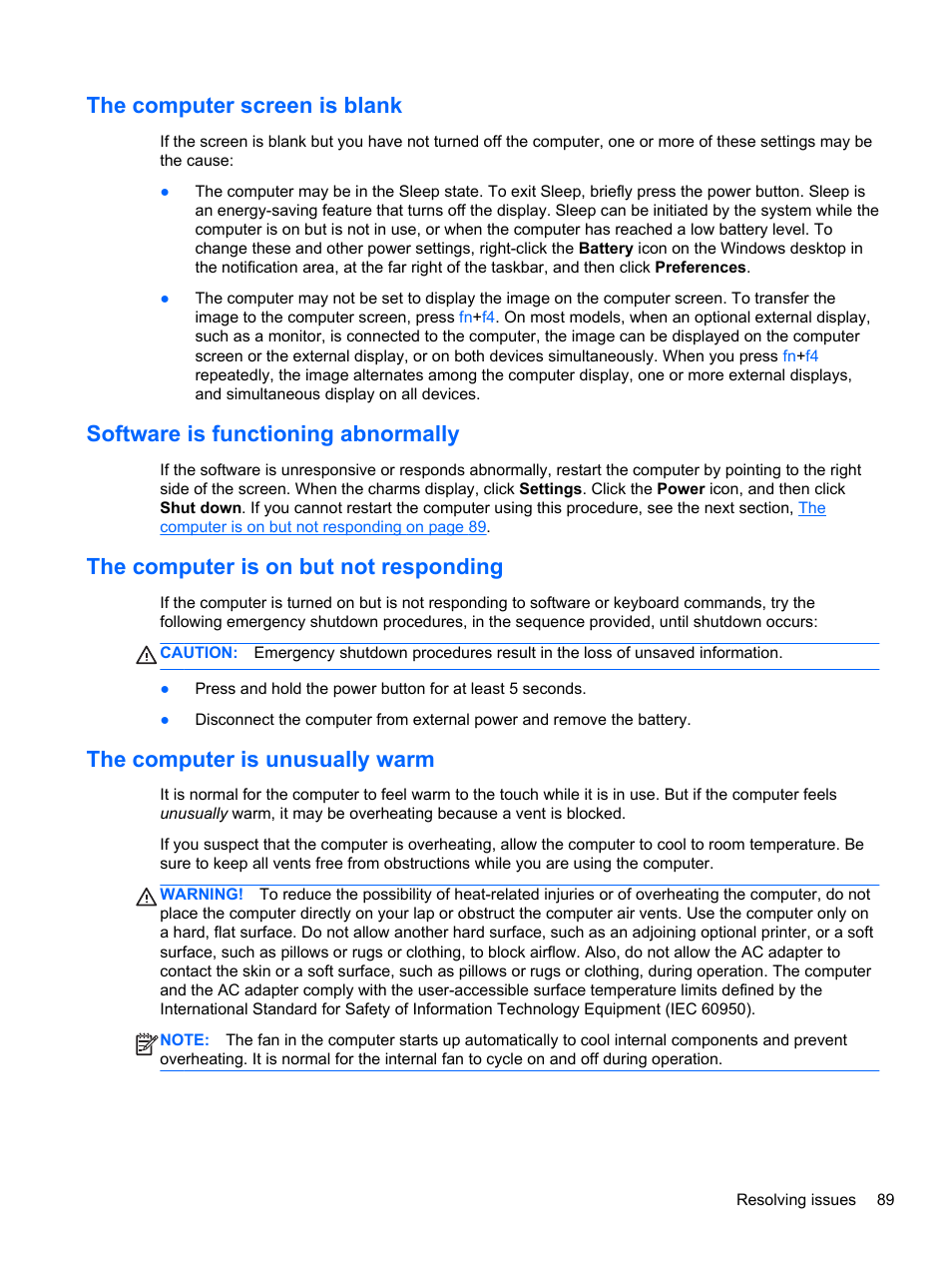 The computer screen is blank, Software is functioning abnormally, The computer is on but not responding | The computer is unusually warm | HP ZBook 17 Mobile Workstation User Manual | Page 99 / 107