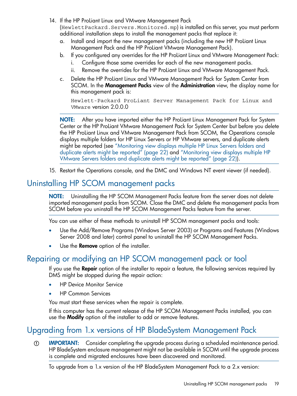 Uninstalling hp scom management packs, Upgrading from 1.x | HP OneView for Microsoft System Center User Manual | Page 19 / 26