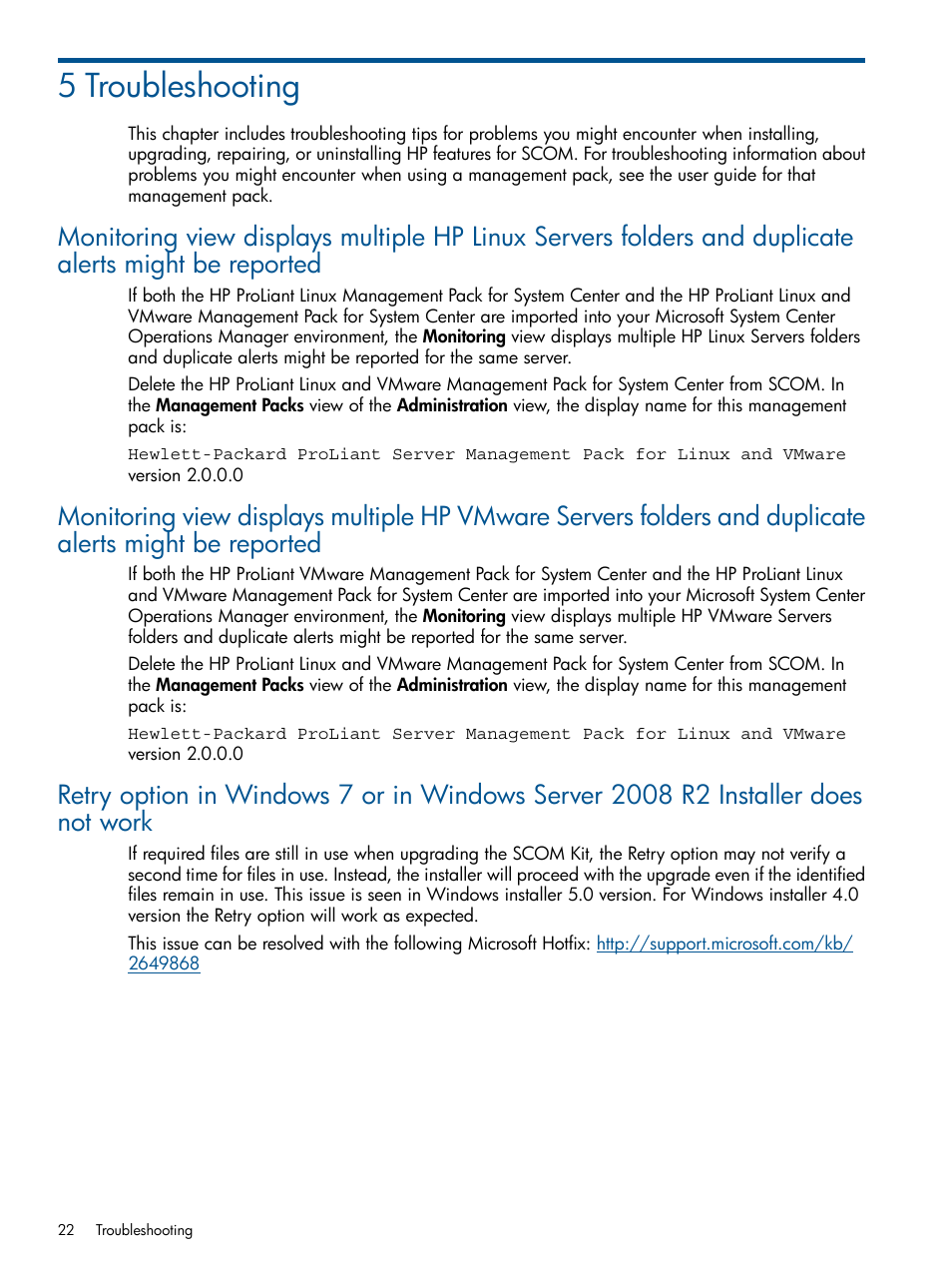 5 troubleshooting, Monitoring view displays multiple hp | HP OneView for Microsoft System Center User Manual | Page 22 / 26