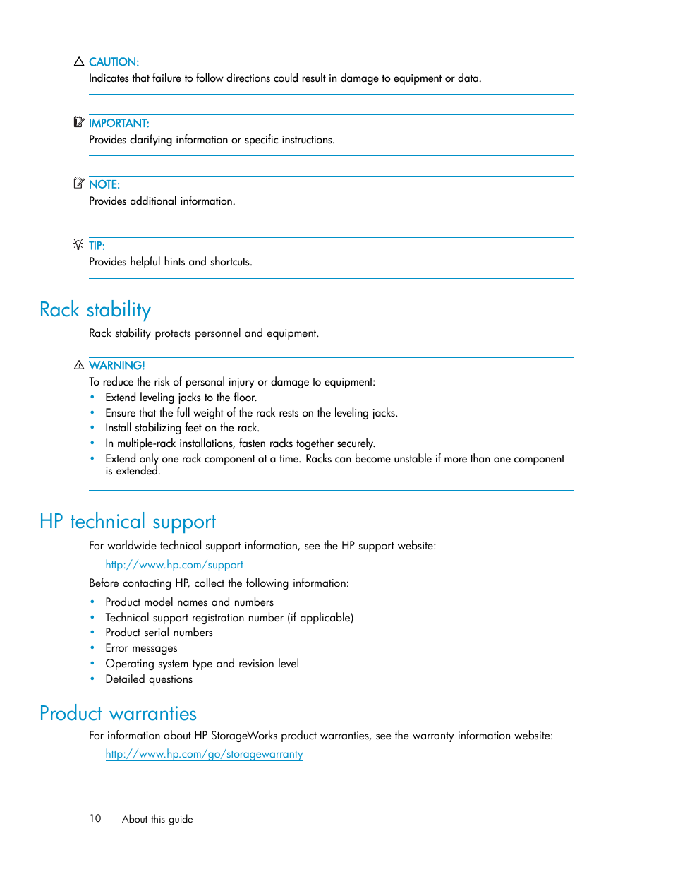 Rack stability, Hp technical support, Product warranties | HP StorageWorks DAT 72x10 Tape Autoloader User Manual | Page 10 / 62