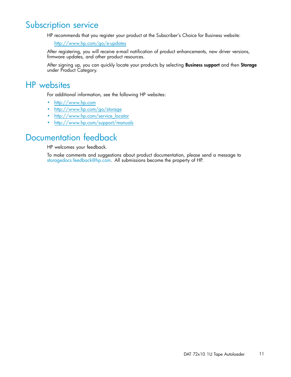 Subscription service, Hp websites, Documentation feedback | HP StorageWorks DAT 72x10 Tape Autoloader User Manual | Page 11 / 62