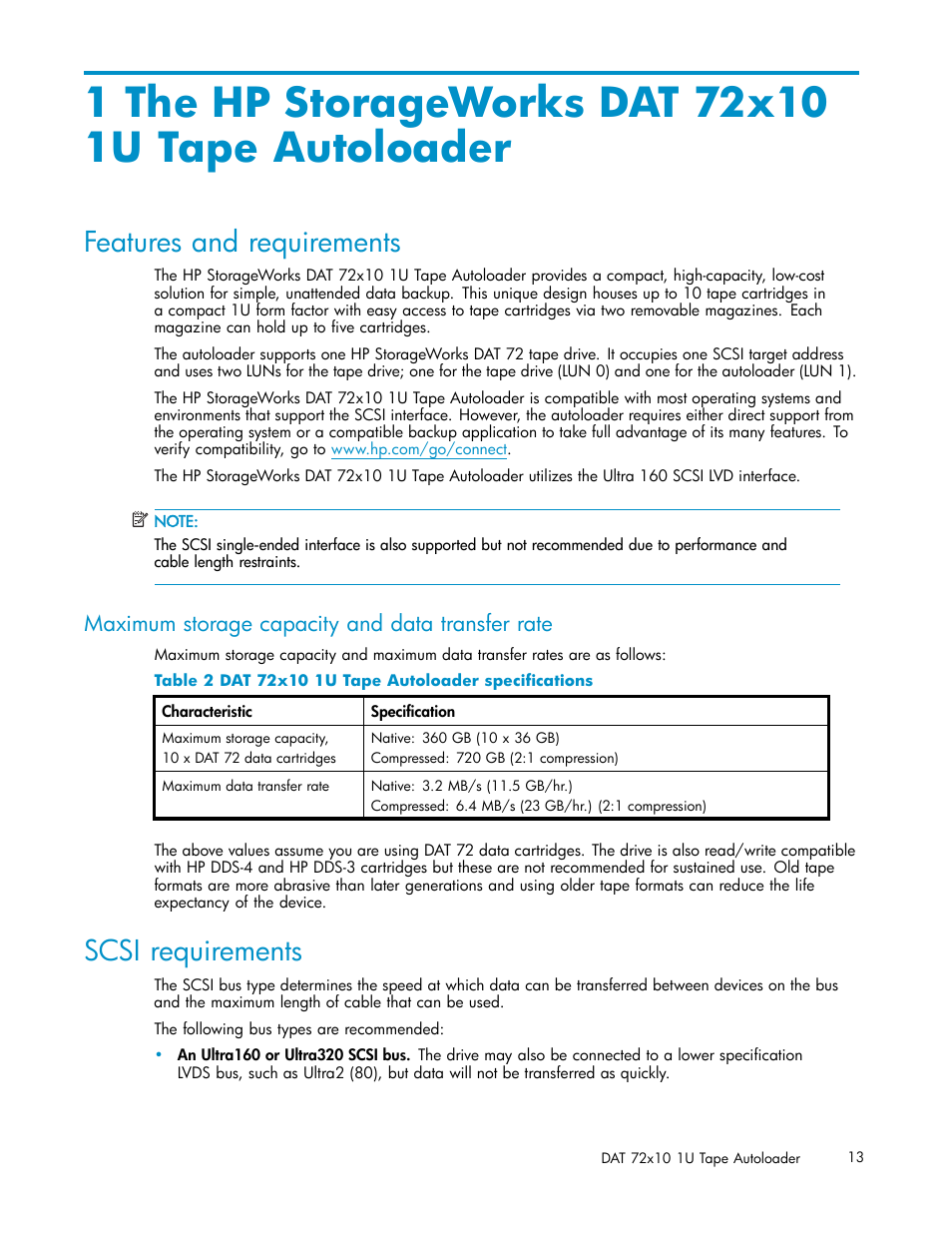 1 the hp storageworks dat 72x10 1u tape, Features and requirements, Maximum storage capacity and data transf | Scsi requirements, 1 the hp storageworks dat 72x10 1u tape autoloader, Maximum storage capacity and data transfer rate, Dat 72x10 1u tape autoloader specifications | HP StorageWorks DAT 72x10 Tape Autoloader User Manual | Page 13 / 62