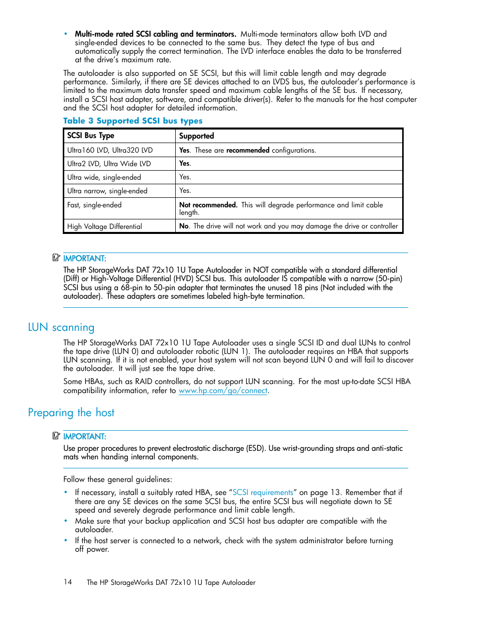 Lun scanning, Preparing the host, Supported scsi bus types | HP StorageWorks DAT 72x10 Tape Autoloader User Manual | Page 14 / 62