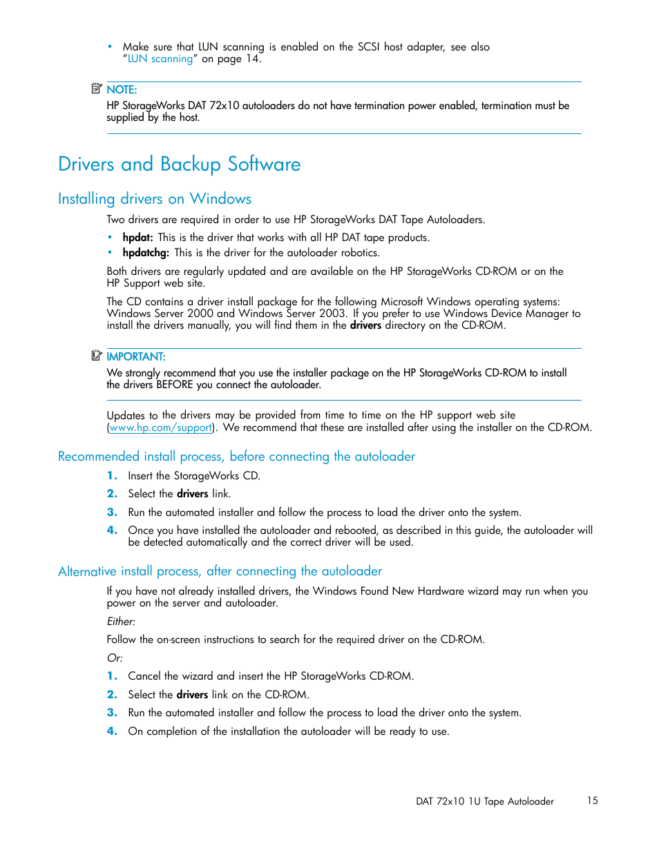 Drivers and backup software, Installing drivers on windows | HP StorageWorks DAT 72x10 Tape Autoloader User Manual | Page 15 / 62