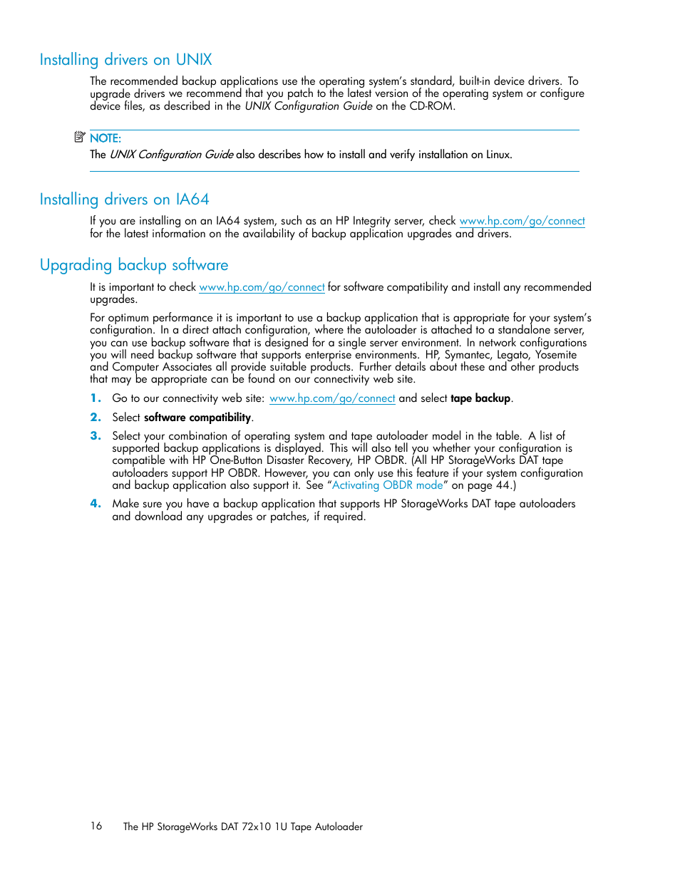 Installing drivers on unix, Installing drivers on ia64, Upgrading backup software | HP StorageWorks DAT 72x10 Tape Autoloader User Manual | Page 16 / 62