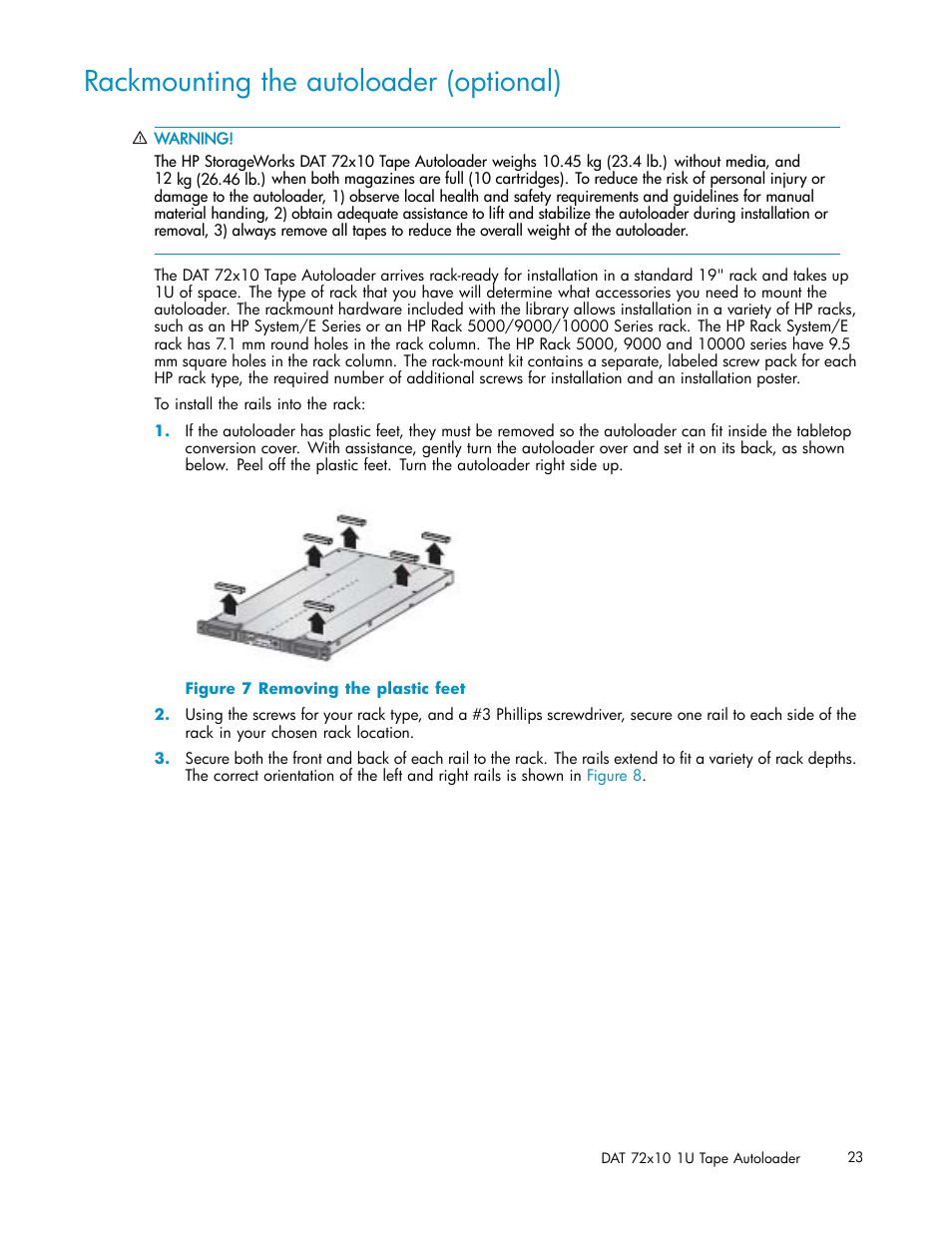 Rackmounting the autoloader (optional) | HP StorageWorks DAT 72x10 Tape Autoloader User Manual | Page 23 / 62