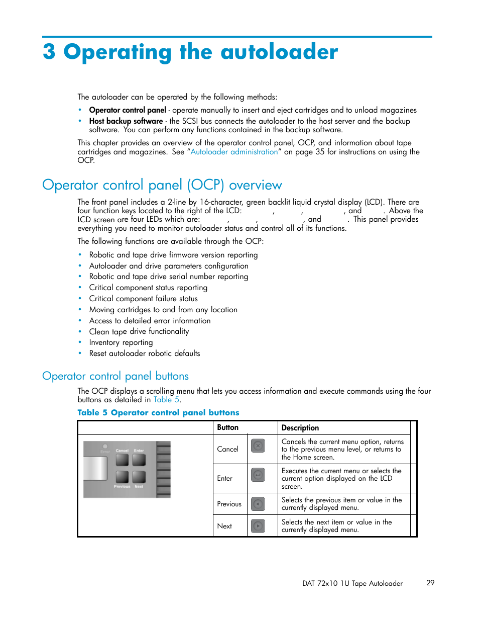 3 operating the autoloader, Operator control panel (ocp) overview, Operator control panel buttons | HP StorageWorks DAT 72x10 Tape Autoloader User Manual | Page 29 / 62