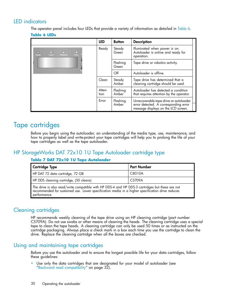 Led indicators, Tape cartridges, Hp storageworks dat 72x10 1u tape autolo | Cleaning cartridges, Using and maintaining tape cartridges, Leds, Dat 72x10 1u tape autoloader | HP StorageWorks DAT 72x10 Tape Autoloader User Manual | Page 30 / 62