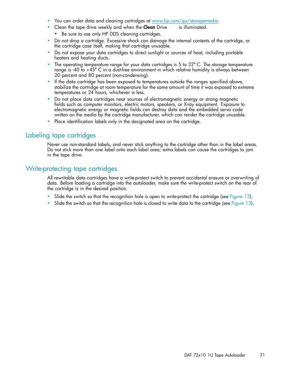 Labeling tape cartridges, Write-protecting tape cartridges | HP StorageWorks DAT 72x10 Tape Autoloader User Manual | Page 31 / 62