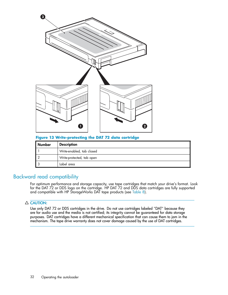 Backward read compatibility, Write-protecting the dat 72 data cartridge | HP StorageWorks DAT 72x10 Tape Autoloader User Manual | Page 32 / 62