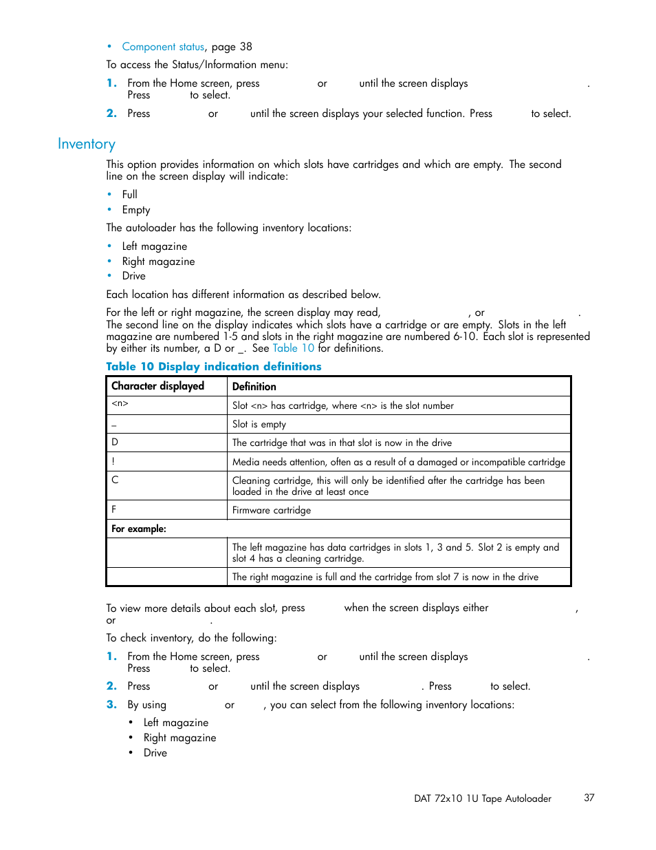 Inventory, Display indication deﬁnitions | HP StorageWorks DAT 72x10 Tape Autoloader User Manual | Page 37 / 62