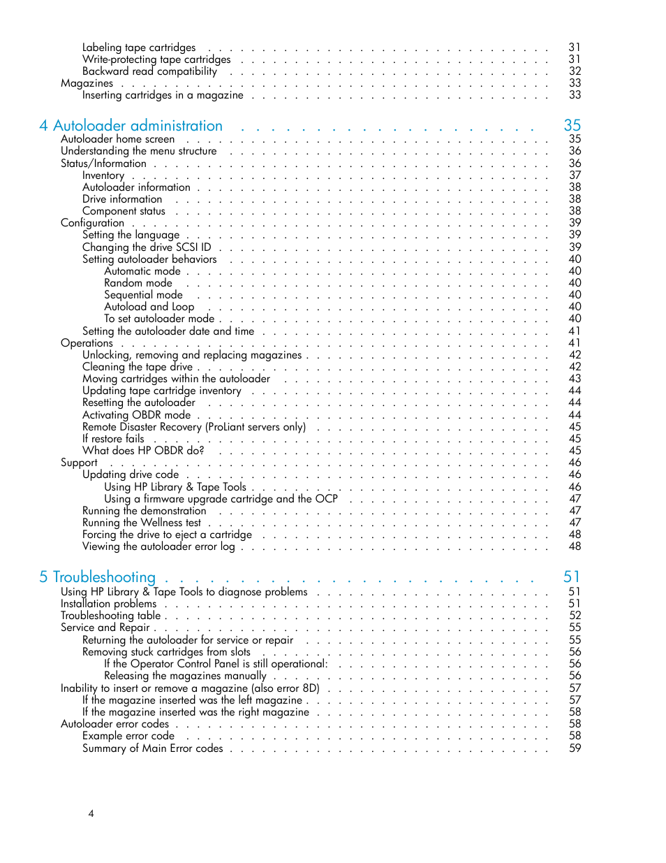 4 autoloader administration, 5 troubleshooting | HP StorageWorks DAT 72x10 Tape Autoloader User Manual | Page 4 / 62