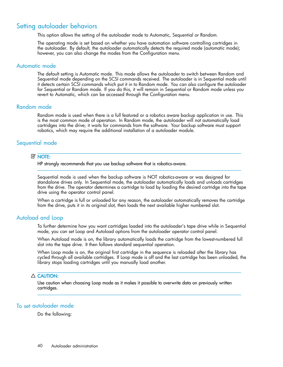 Setting autoloader behaviors, Automatic mode, Random mode | Sequential mode, Autoload and loop, To set autoloader mode | HP StorageWorks DAT 72x10 Tape Autoloader User Manual | Page 40 / 62