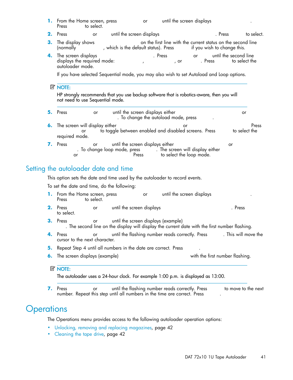 Setting the autoloader date and time, Operations | HP StorageWorks DAT 72x10 Tape Autoloader User Manual | Page 41 / 62