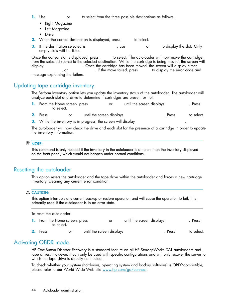 Updating tape cartridge inventory, Resetting the autoloader, Activating obdr mode | HP StorageWorks DAT 72x10 Tape Autoloader User Manual | Page 44 / 62
