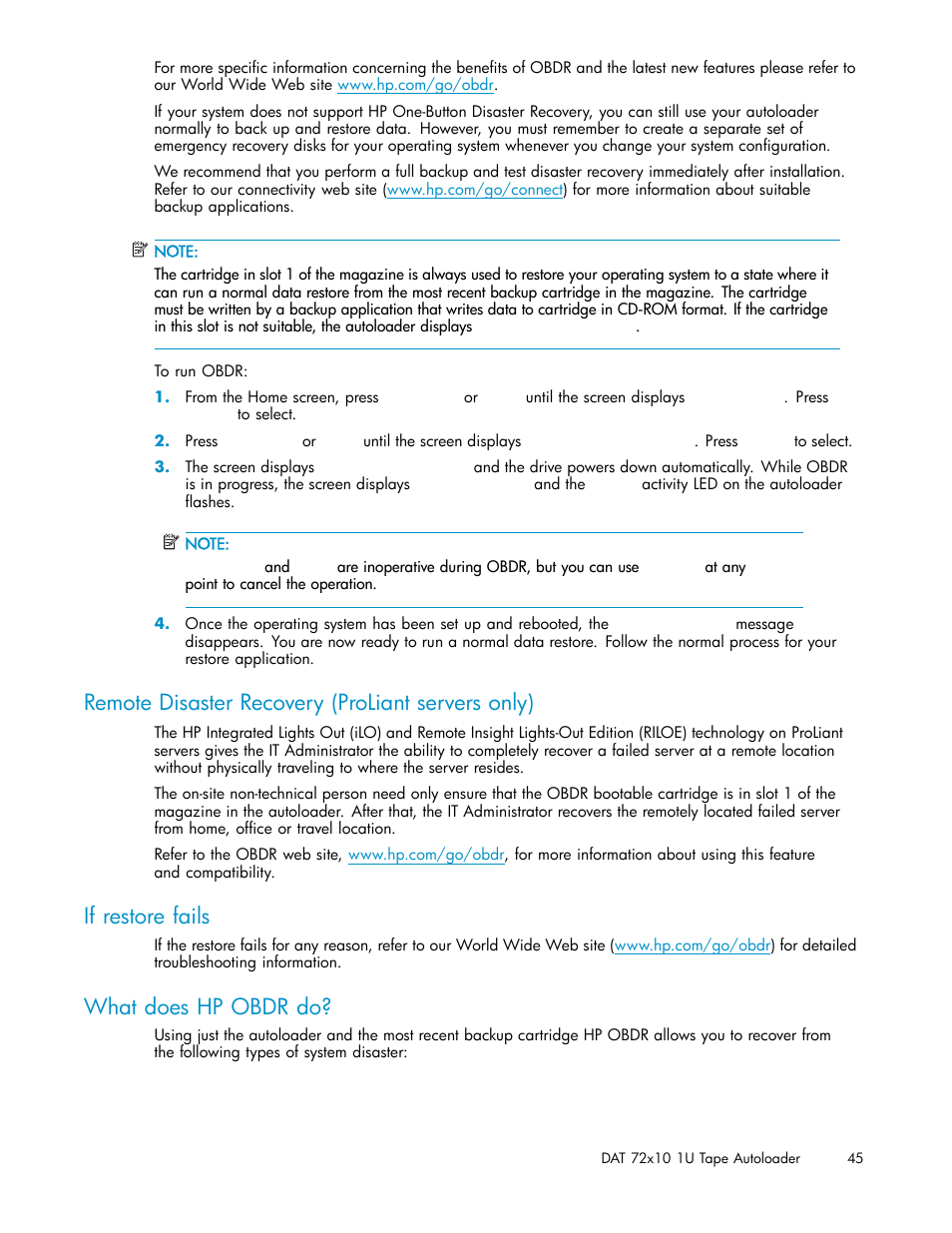 Remote disaster recovery (proliant servers only), If restore fails, What does hp obdr do | HP StorageWorks DAT 72x10 Tape Autoloader User Manual | Page 45 / 62