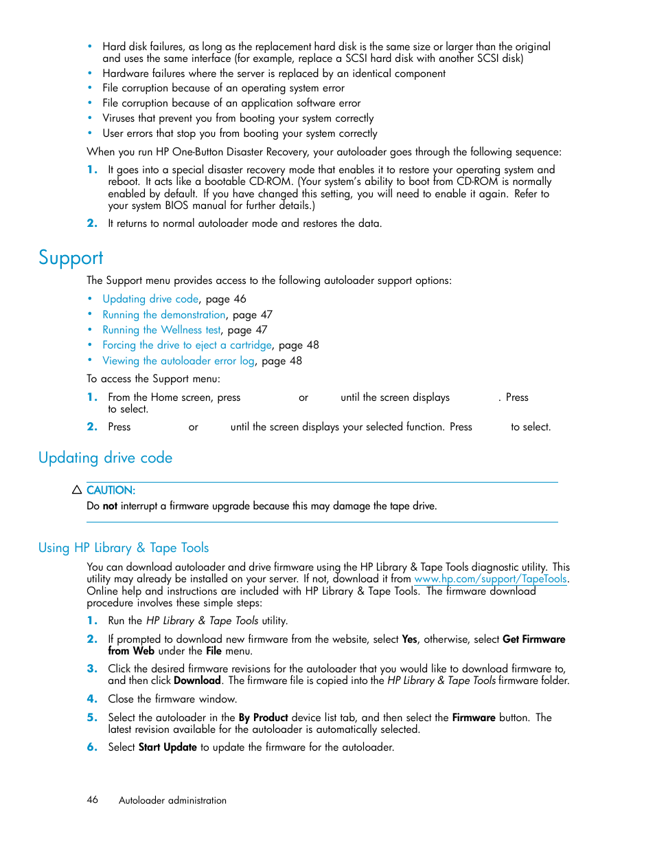 Support, Updating drive code, Using hp library & tape tools | HP StorageWorks DAT 72x10 Tape Autoloader User Manual | Page 46 / 62