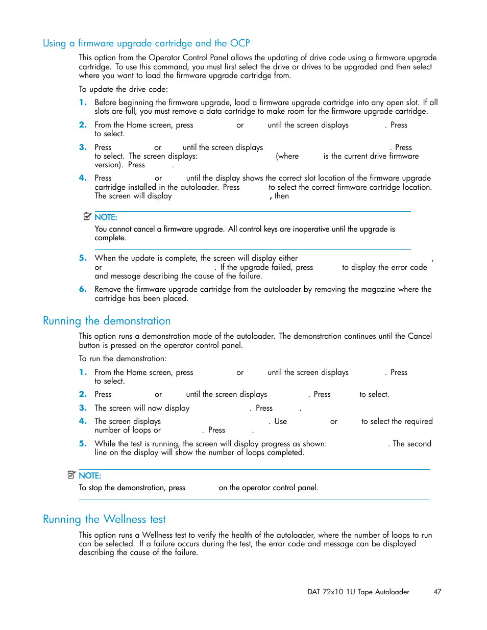 Running the demonstration, Running the wellness test, Using a ﬁrmware upgrade cartridge and the ocp | HP StorageWorks DAT 72x10 Tape Autoloader User Manual | Page 47 / 62