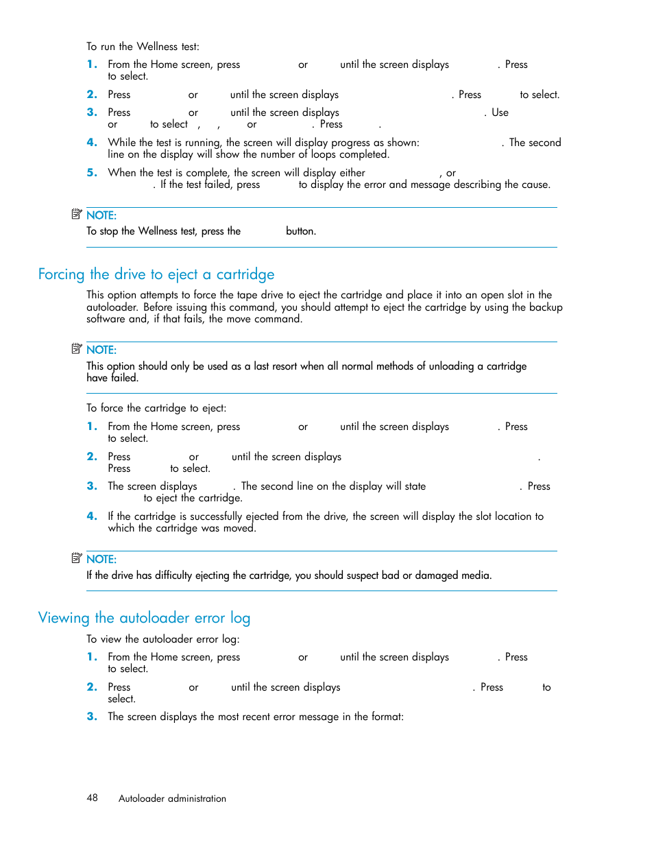 Forcing the drive to eject a cartridge, Viewing the autoloader error log | HP StorageWorks DAT 72x10 Tape Autoloader User Manual | Page 48 / 62