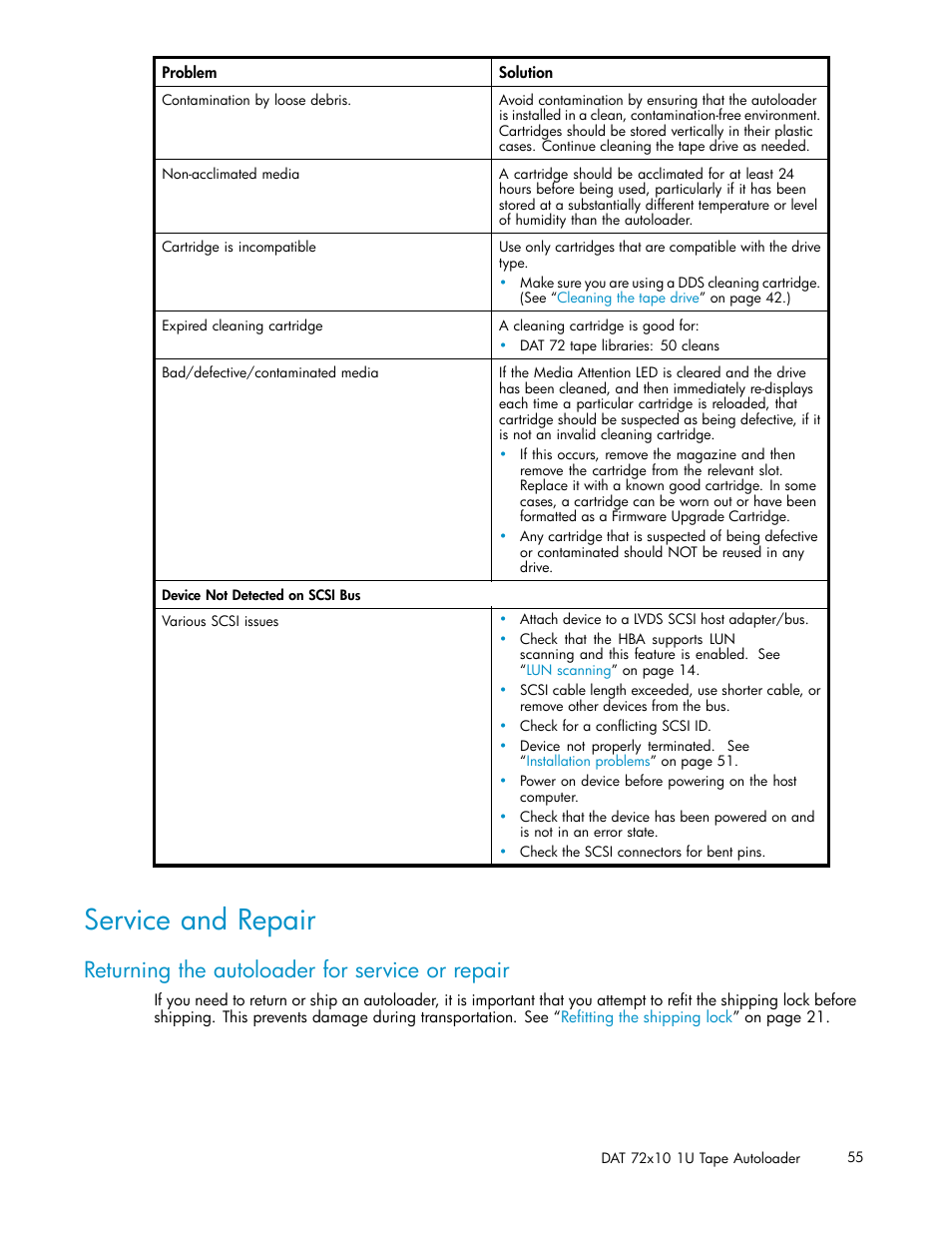 Service and repair, Returning the autoloader for service or repair | HP StorageWorks DAT 72x10 Tape Autoloader User Manual | Page 55 / 62