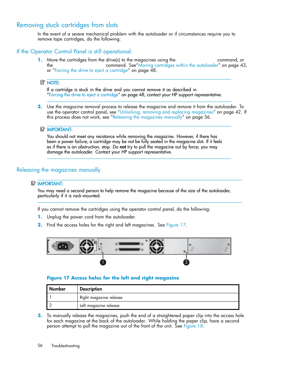 Removing stuck cartridges from slots, If the operator control panel is still operational, Releasing the magazines manually | Access holes for the left and right magazine | HP StorageWorks DAT 72x10 Tape Autoloader User Manual | Page 56 / 62