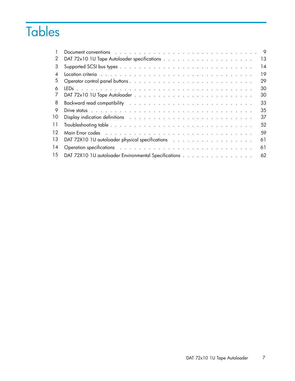 Tables | HP StorageWorks DAT 72x10 Tape Autoloader User Manual | Page 7 / 62