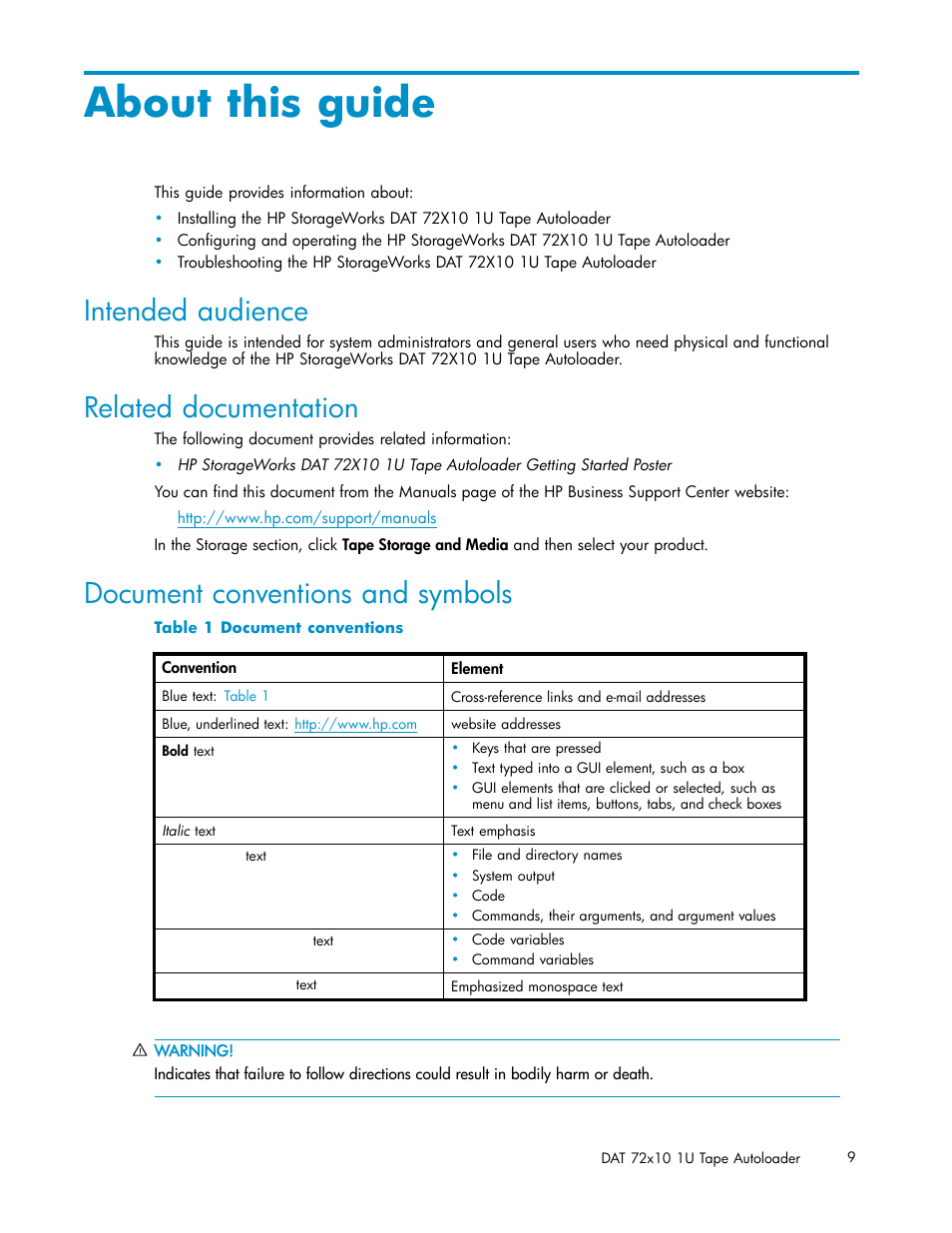 About this guide, Intended audience, Related documentation | Document conventions and symbols, Document conventions | HP StorageWorks DAT 72x10 Tape Autoloader User Manual | Page 9 / 62