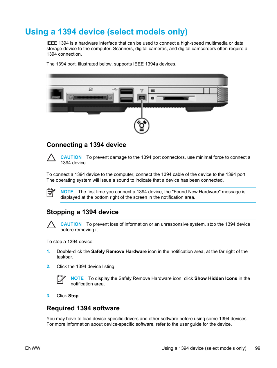 Using a 1394 device (select models only), Connecting a 1394 device, Stopping a 1394 device | Required 1394 software | HP Compaq Presario V5000 CTO Notebook PC User Manual | Page 109 / 186