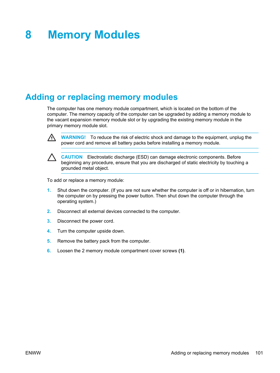 Memory modules, Adding or replacing memory modules, 8 memory modules | HP Compaq Presario V5000 CTO Notebook PC User Manual | Page 111 / 186