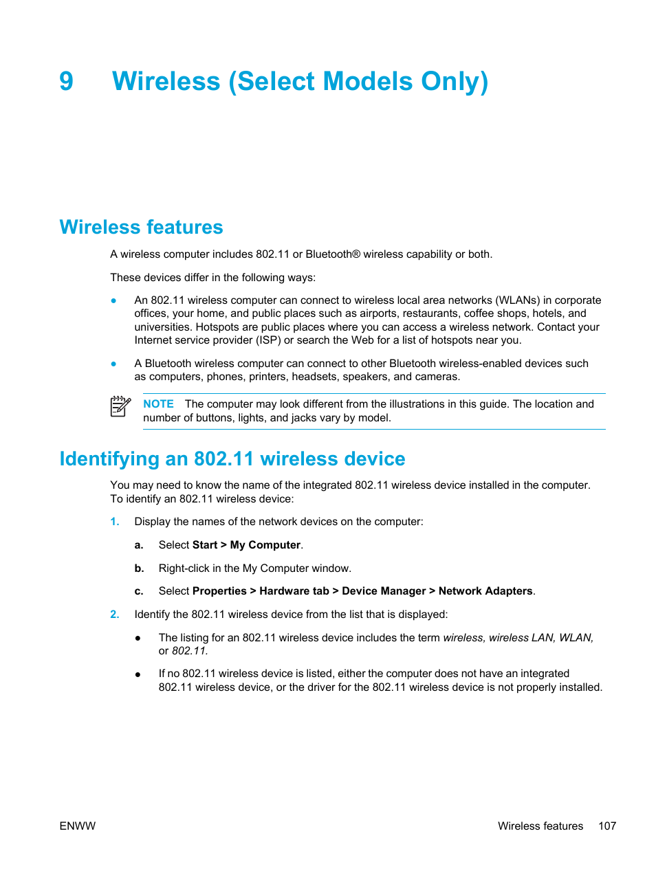 Wireless (select models only), Wireless features, Identifying an 802.11 wireless device | 9 wireless (select models only), 9wireless (select models only) | HP Compaq Presario V5000 CTO Notebook PC User Manual | Page 117 / 186