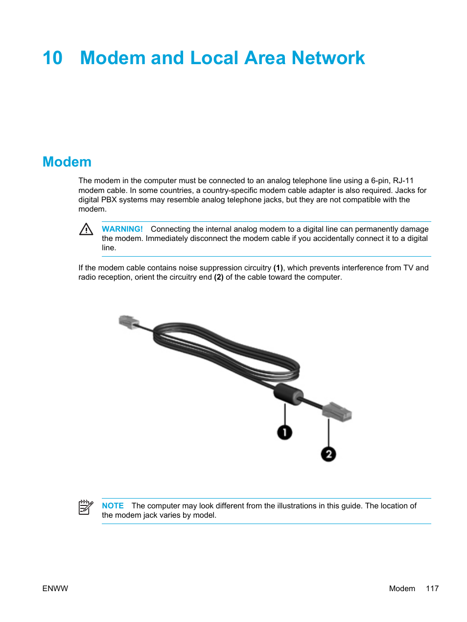 Modem and local area network, Modem, 10 modem and local area network | HP Compaq Presario V5000 CTO Notebook PC User Manual | Page 127 / 186