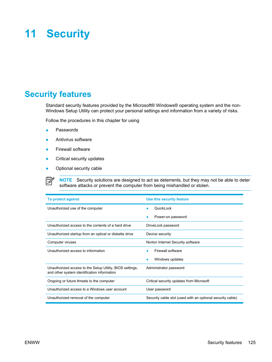 Security, Security features, 11 security | HP Compaq Presario V5000 CTO Notebook PC User Manual | Page 135 / 186