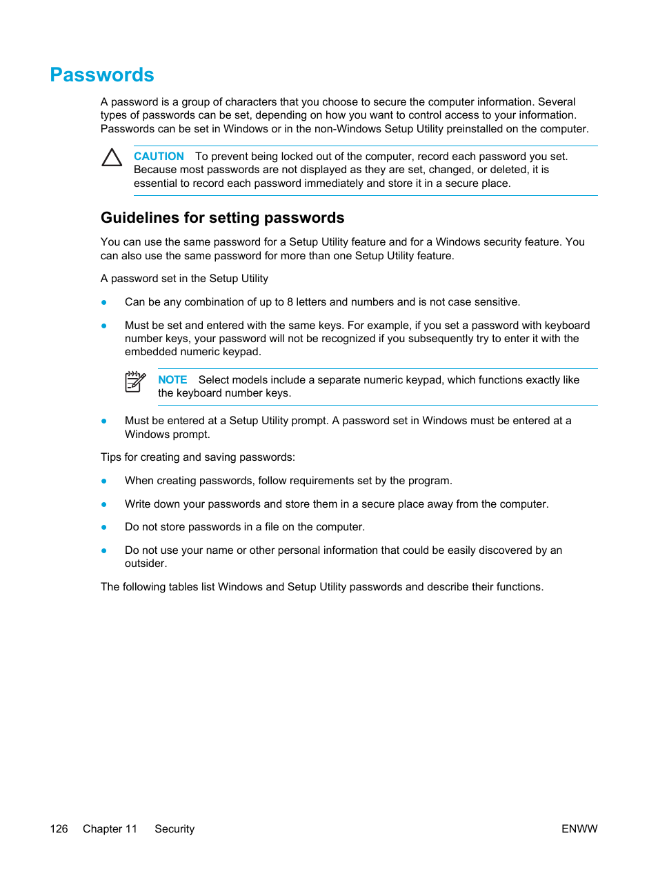 Passwords, Guidelines for setting passwords | HP Compaq Presario V5000 CTO Notebook PC User Manual | Page 136 / 186