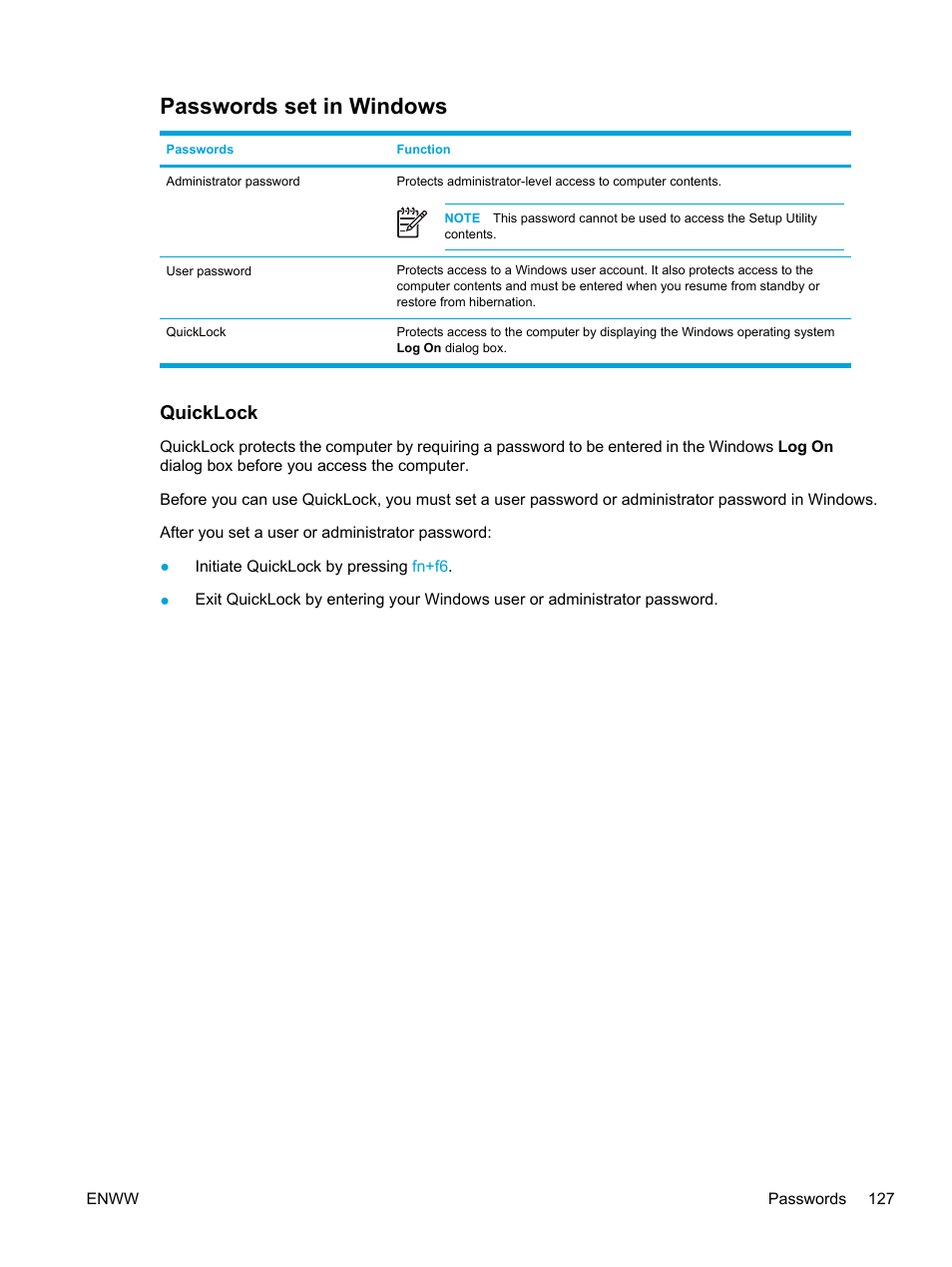 Passwords set in windows, Quicklock | HP Compaq Presario V5000 CTO Notebook PC User Manual | Page 137 / 186