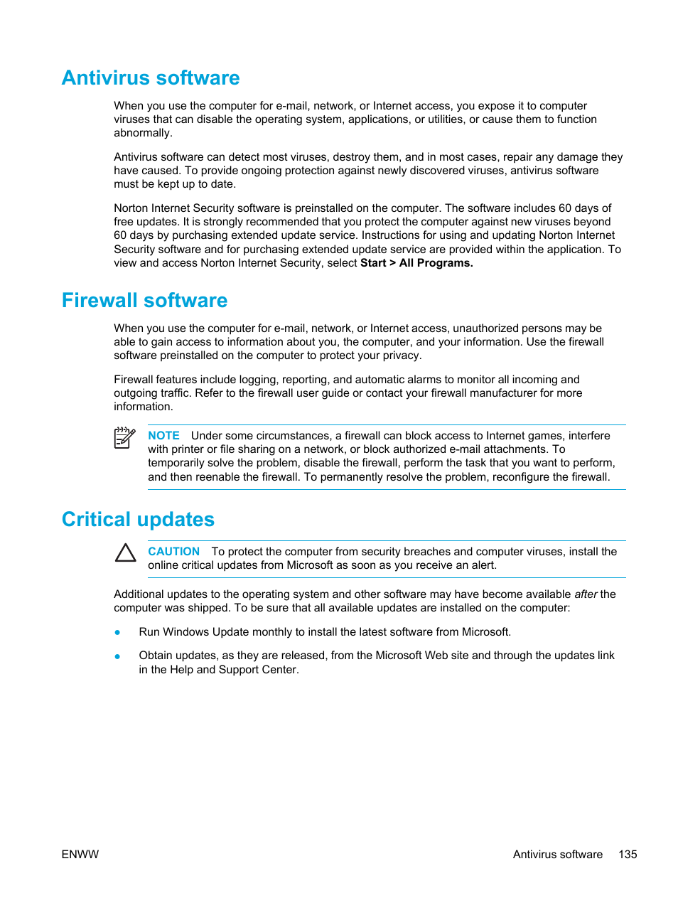 Antivirus software, Firewall software, Critical updates | HP Compaq Presario V5000 CTO Notebook PC User Manual | Page 145 / 186