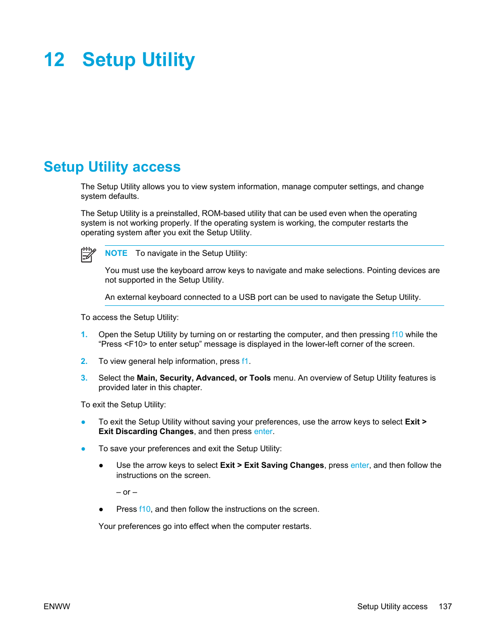 Setup utility, Setup utility access, 12 setup utility | HP Compaq Presario V5000 CTO Notebook PC User Manual | Page 147 / 186