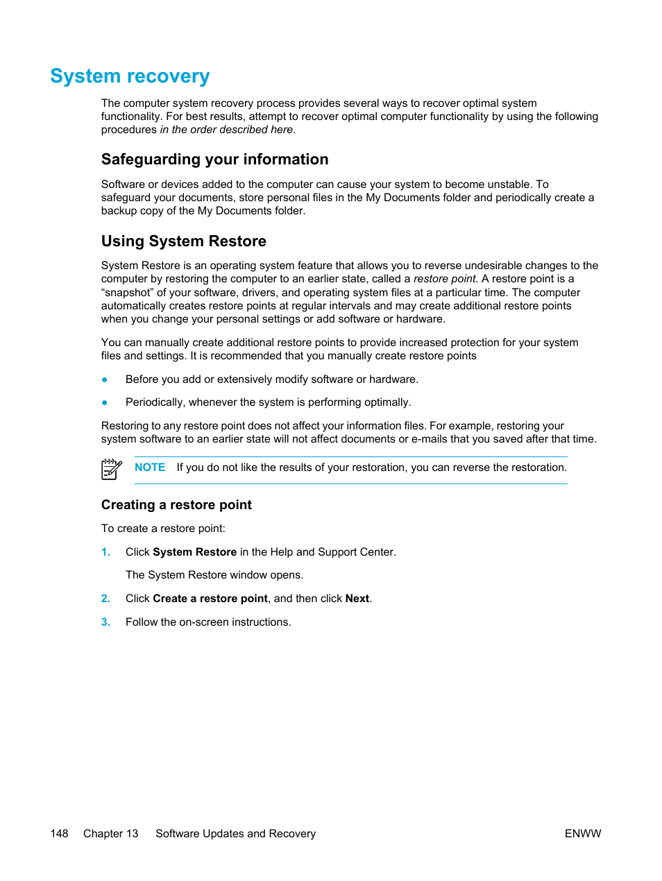 System recovery, Safeguarding your information, Using system restore | Creating a restore point, Safeguarding your information using system restore | HP Compaq Presario V5000 CTO Notebook PC User Manual | Page 158 / 186