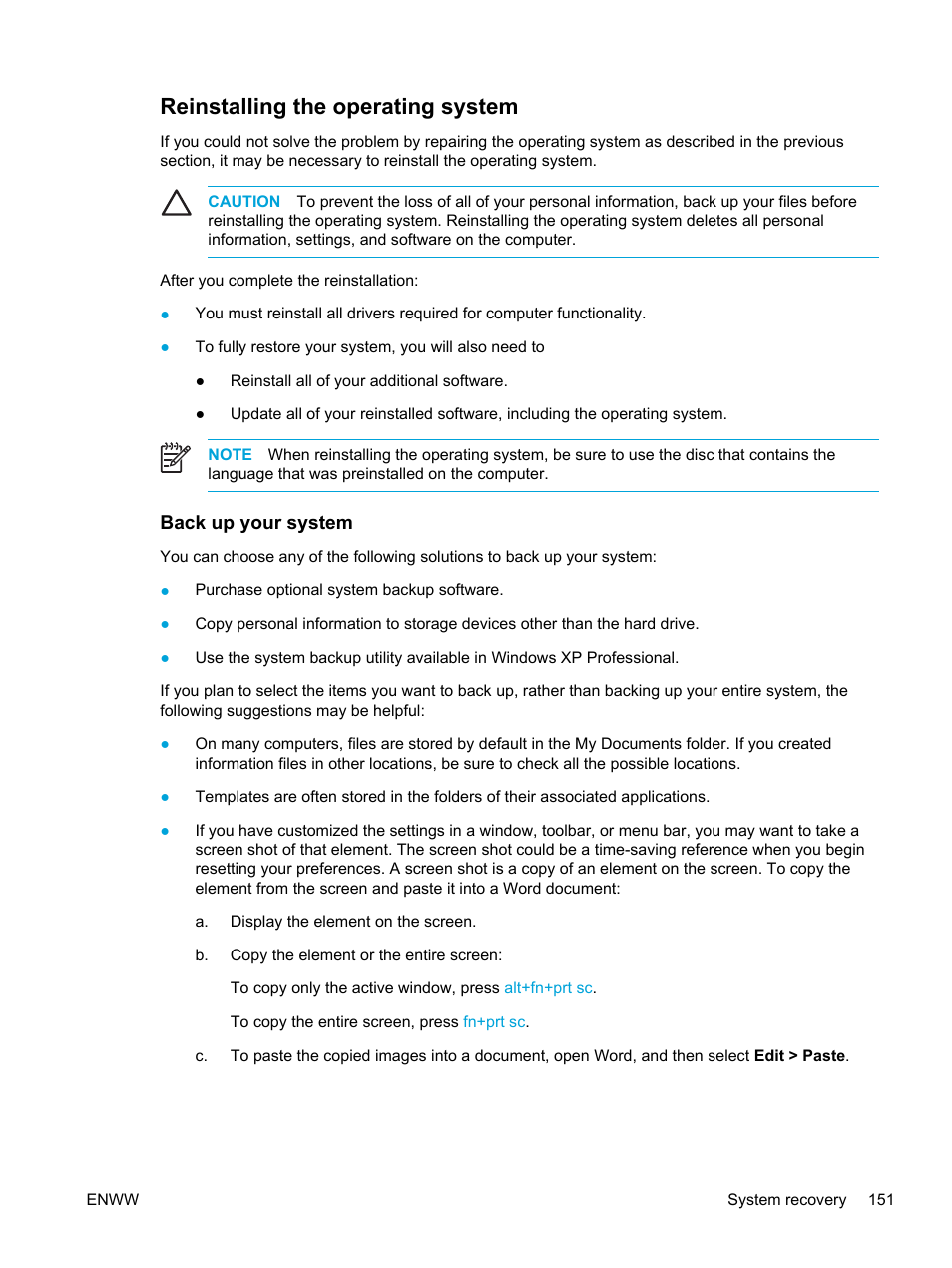 Reinstalling the operating system, Back up your system | HP Compaq Presario V5000 CTO Notebook PC User Manual | Page 161 / 186