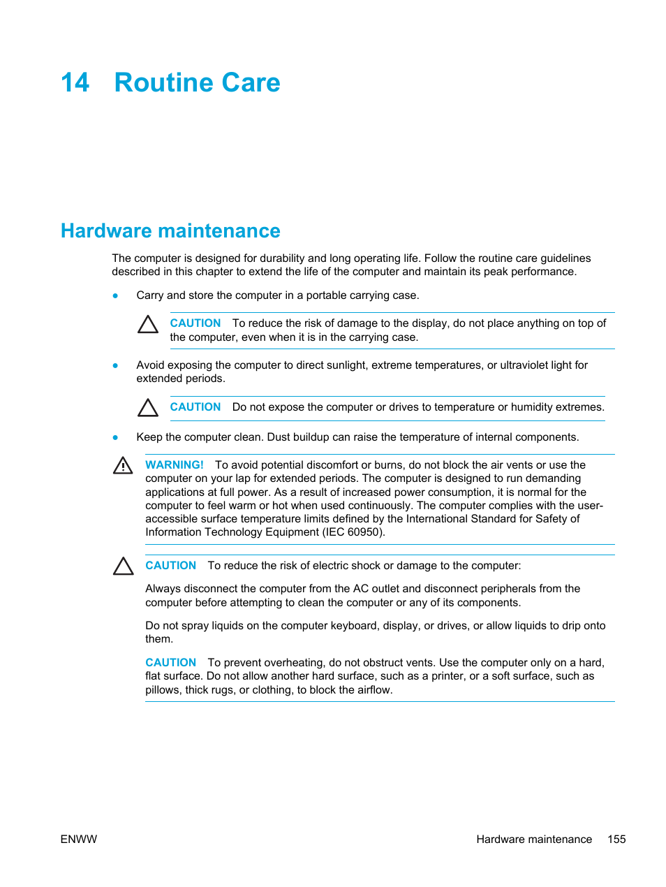 Routine care, Hardware maintenance, 14 routine care | HP Compaq Presario V5000 CTO Notebook PC User Manual | Page 165 / 186