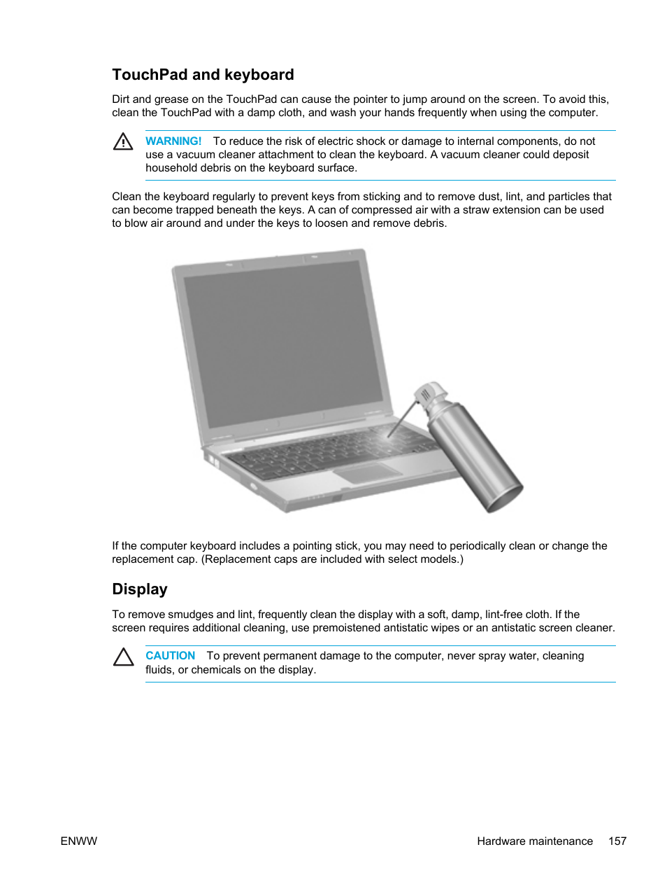 Touchpad and keyboard, Display, Touchpad and keyboard display | HP Compaq Presario V5000 CTO Notebook PC User Manual | Page 167 / 186