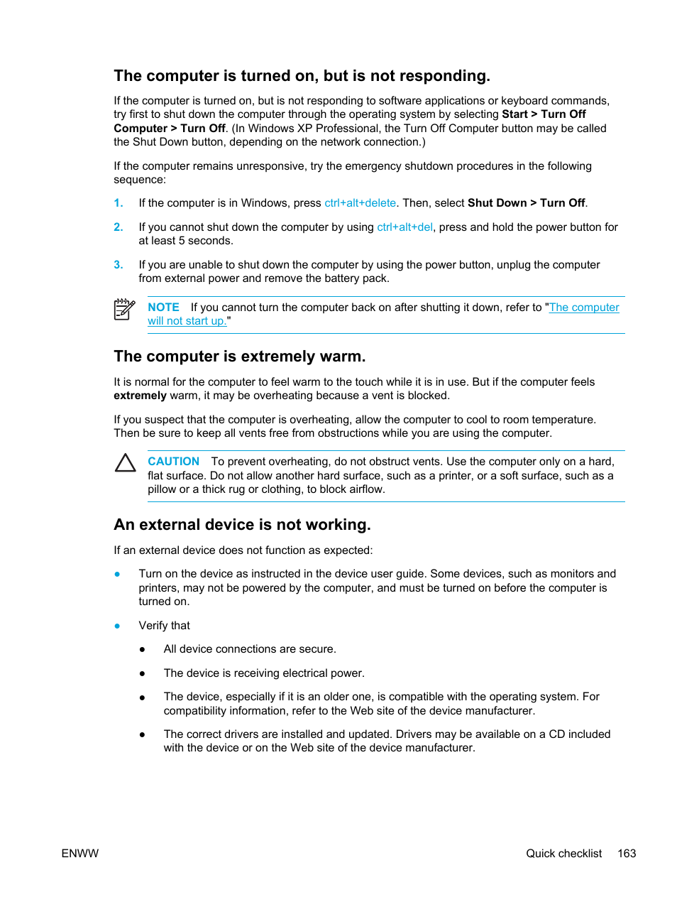 The computer is turned on, but is not responding, The computer is extremely warm, An external device is not working | Next section, Computer is turned on, but is not responding | HP Compaq Presario V5000 CTO Notebook PC User Manual | Page 173 / 186