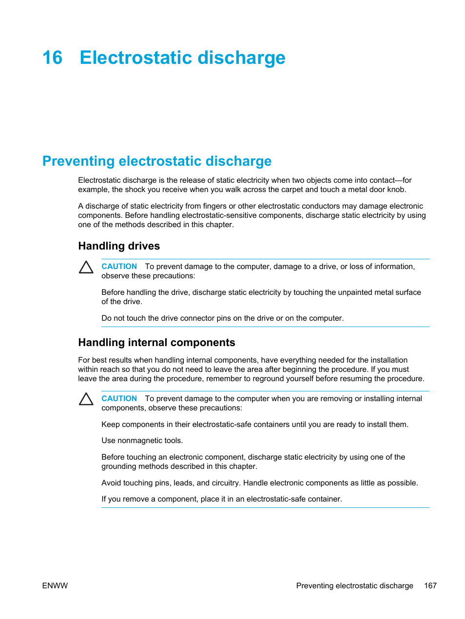 Electrostatic discharge, Preventing electrostatic discharge, Handling drives | Handling internal components, 16 electrostatic discharge, Handling drives handling internal components | HP Compaq Presario V5000 CTO Notebook PC User Manual | Page 177 / 186