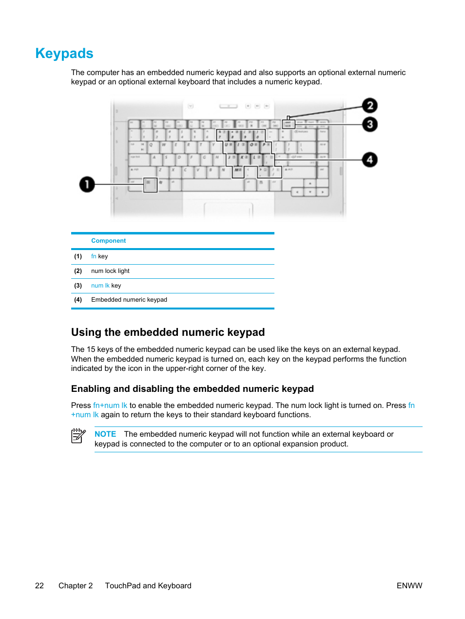 Keypads, Using the embedded numeric keypad, Enabling and disabling the embedded numeric keypad | HP Compaq Presario V5000 CTO Notebook PC User Manual | Page 32 / 186