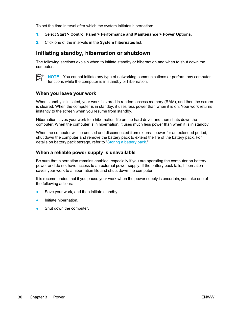 Initiating standby, hibernation or shutdown, When you leave your work, When a reliable power supply is unavailable | HP Compaq Presario V5000 CTO Notebook PC User Manual | Page 40 / 186