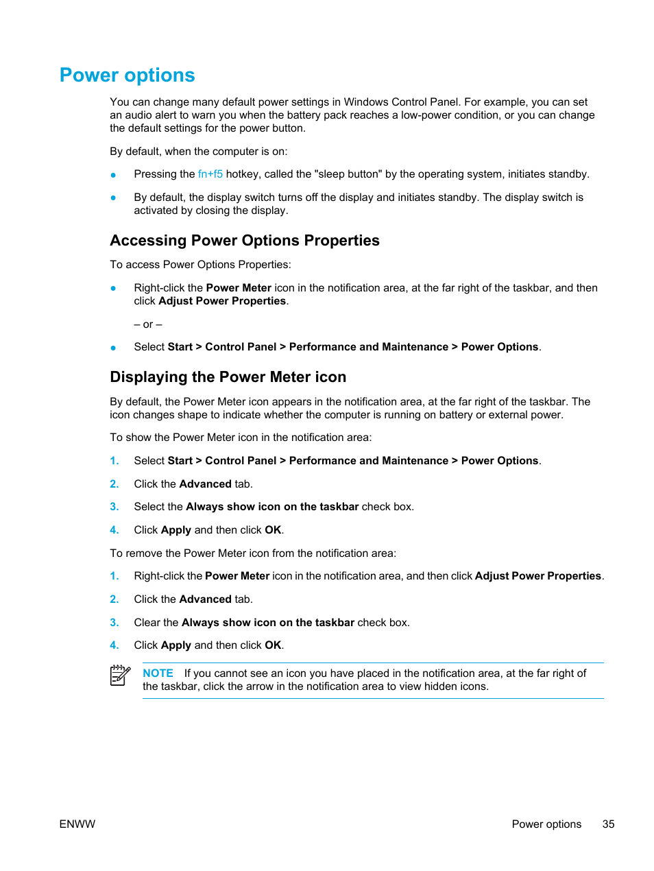 Power options, Accessing power options properties, Displaying the power meter icon | Computer, refer to | HP Compaq Presario V5000 CTO Notebook PC User Manual | Page 45 / 186