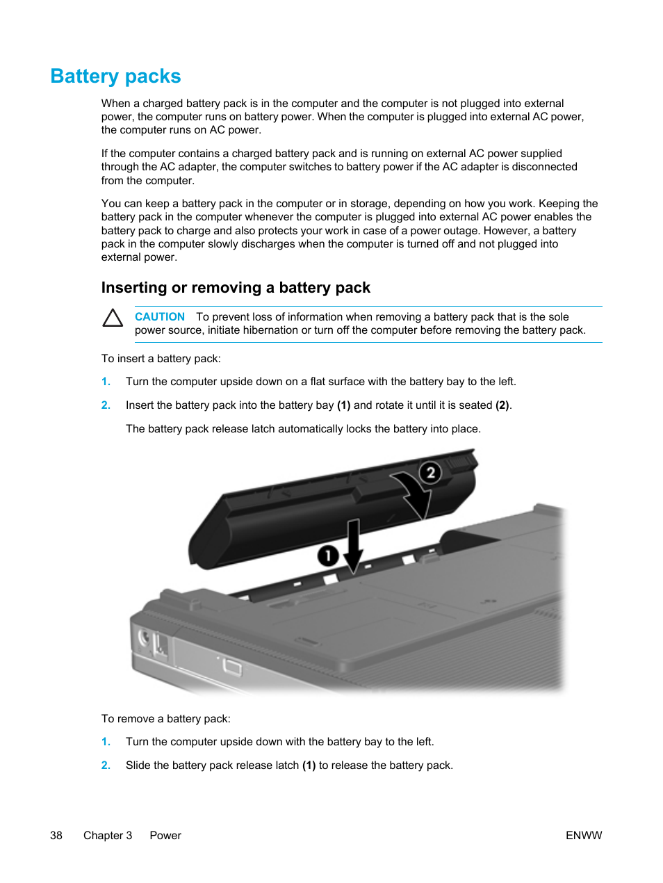 Battery packs, Inserting or removing a battery pack | HP Compaq Presario V5000 CTO Notebook PC User Manual | Page 48 / 186
