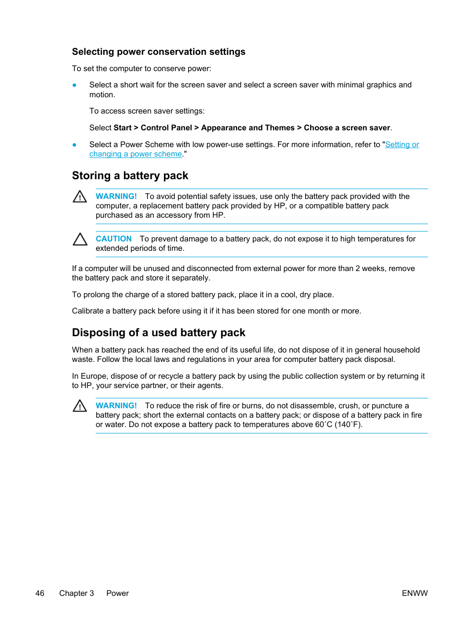 Selecting power conservation settings, Storing a battery pack, Disposing of a used battery pack | HP Compaq Presario V5000 CTO Notebook PC User Manual | Page 56 / 186