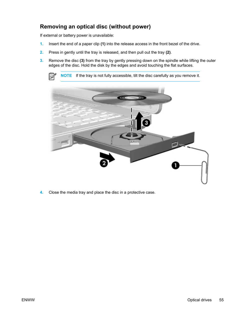 Removing an optical disc (without power) | HP Compaq Presario V5000 CTO Notebook PC User Manual | Page 65 / 186